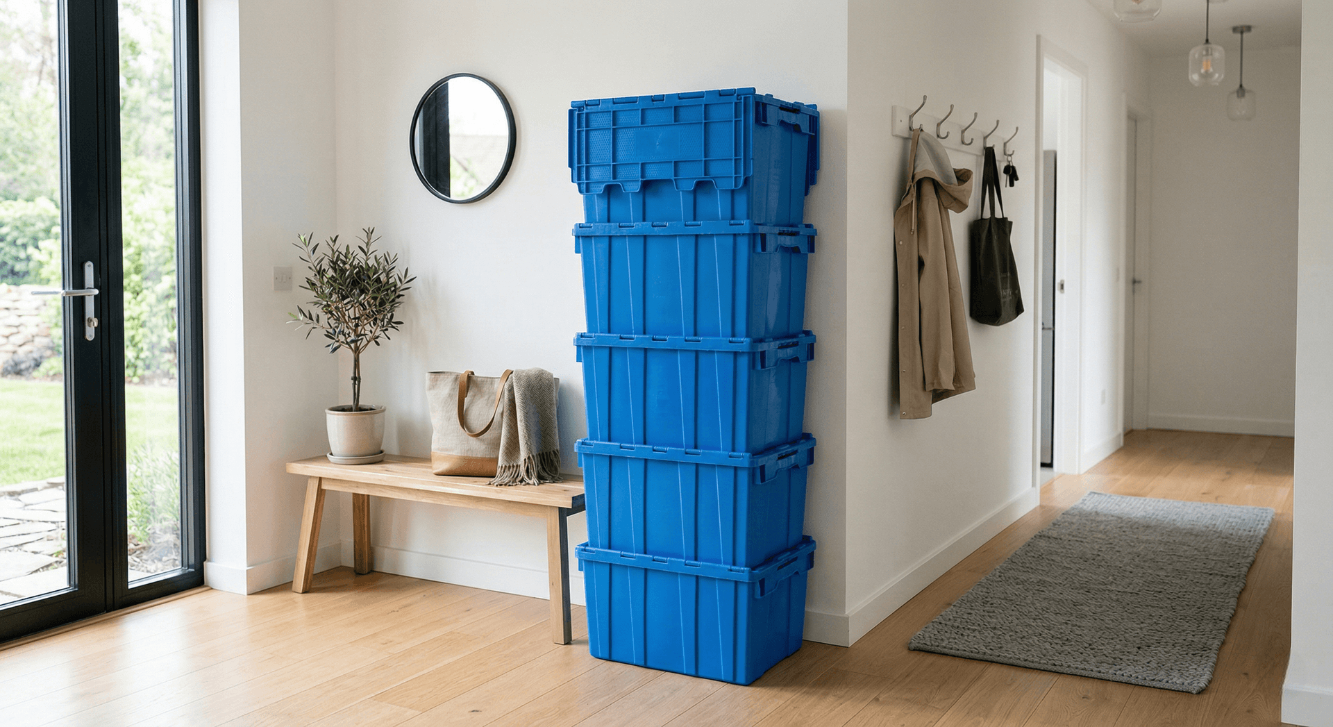 Stack of reusable green moving totes ready for delivery